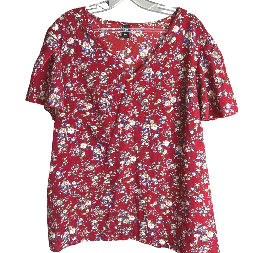 Emery Rose 3XL Red Floral V-Neck Flutter Sleeve Boho Top Plus